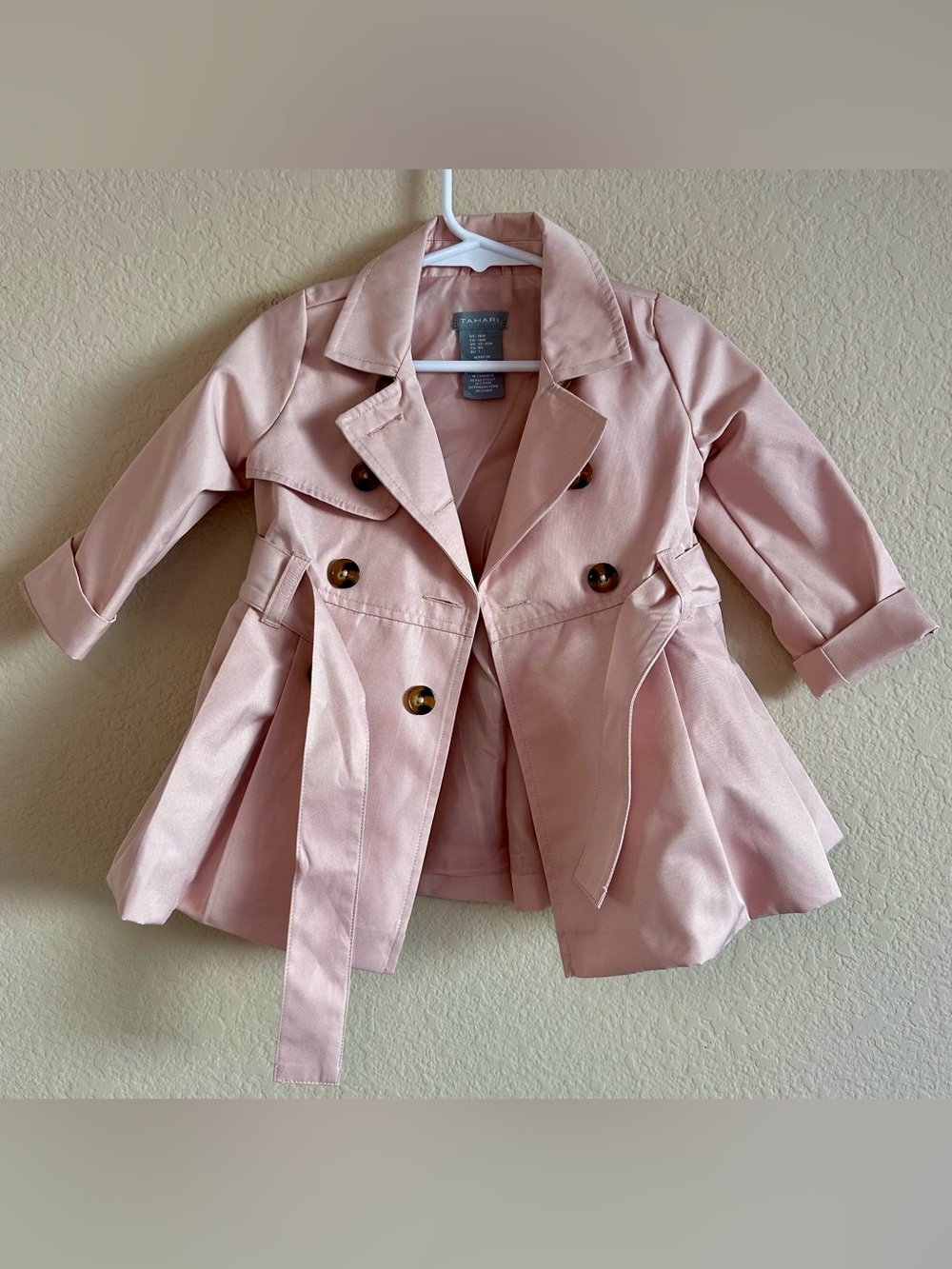 Tahari Girl’s Trench Coat Petal Pink Pea Coat Coated Polyester Belt Size 12-18M